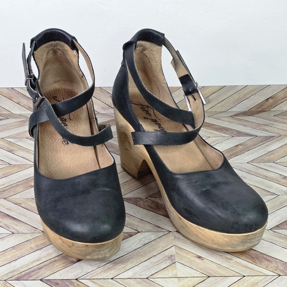Free People Buena Vista Criss Cross Ankle Straps Clogs Black Heels Size 9/40